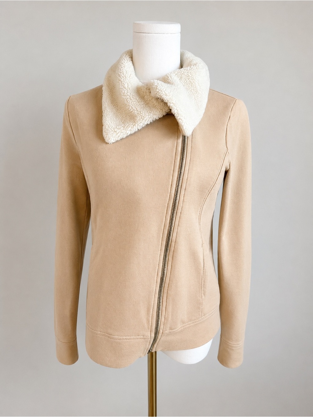 Lauren Jeans Co Ralph Lauren Sherpa Moto Jacket Women’s M Beige Full Zip Fleece